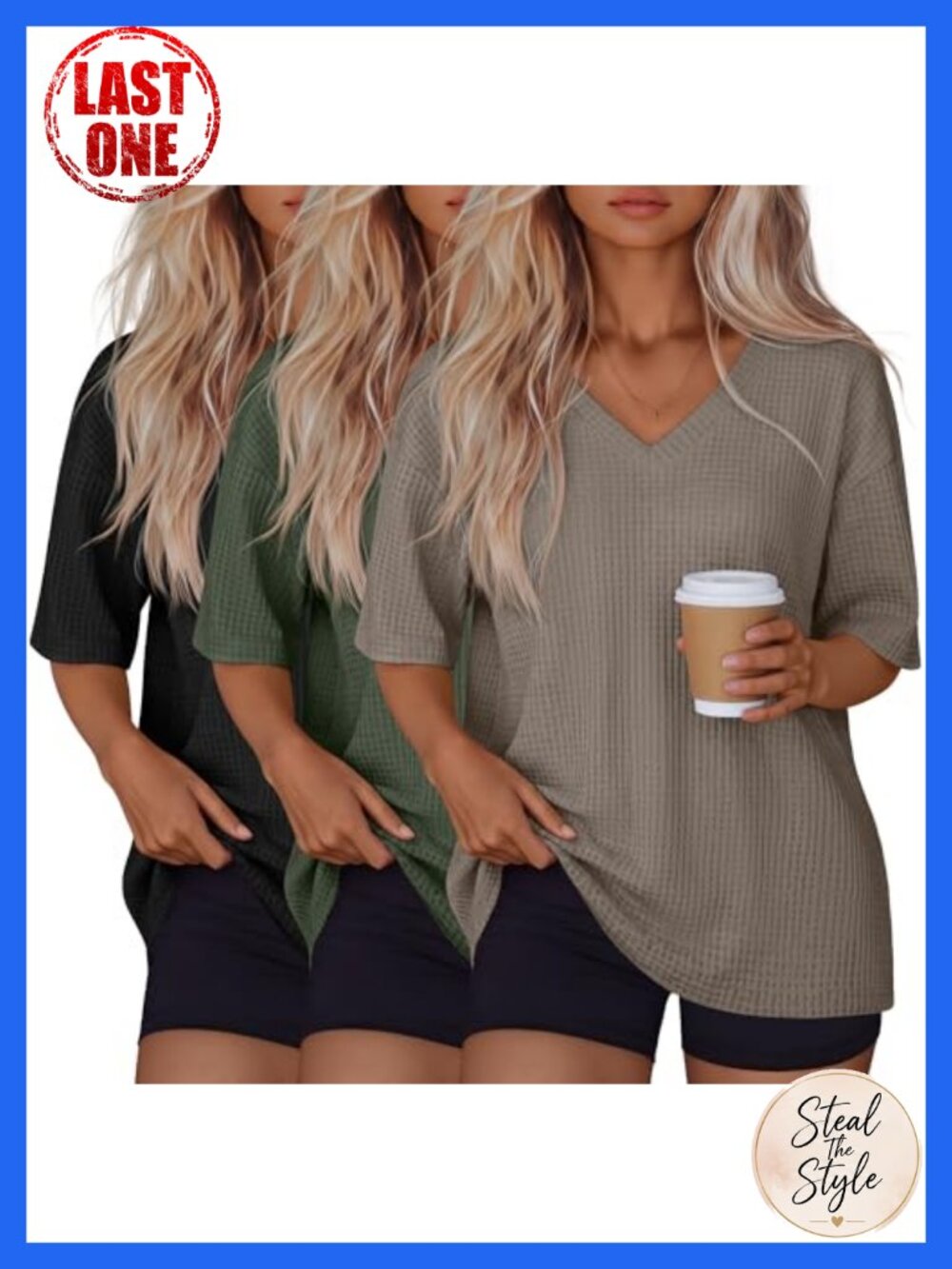 Waffle Knit Oversized V-Neck Half Sleeve T-Shirts 3 Pack